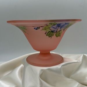VTG Pink Frosted Pedestal Bowl Hand painted yellow/Purple Flowers Gold accent.